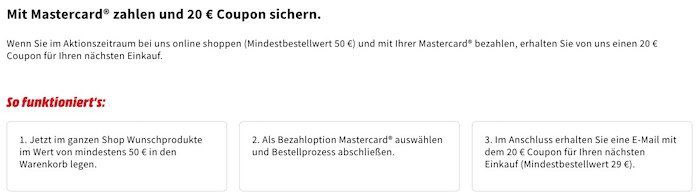 Media Markt: ab 50€ mit Mastercard zahlen und 20€ Coupon gratis dazu