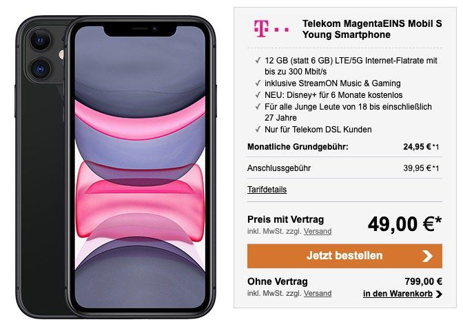 Young + MagentaEins: Apple iPhone 11 für 49€ + Telekom Flat mit 12GB LTE + 6 Monate Disney+ für 29,95€ mtl.