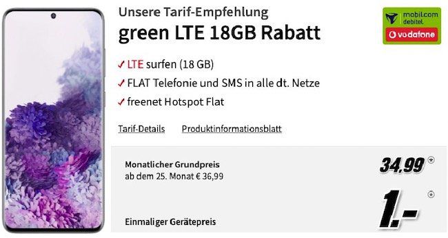 Samsung Galaxy S20 für 1€ + Vodafone Flat mit 18GB LTE für 34,99€ mtl.