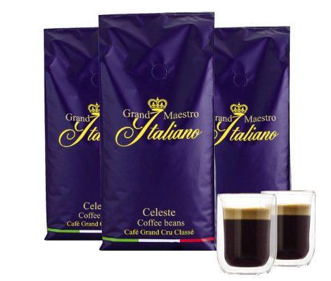 3kg Grand Maestro Italiano Celeste Kaffeebohnen + 2 doppelwandige Kaffeegläser für 39,94€