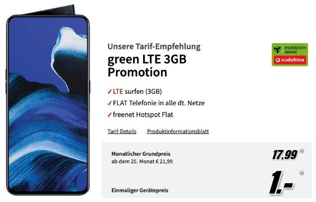 Oppo Reno 2 256GB für 1€ (statt 400€) mit Vodafone Allnet Flat mit 3GB LTE für 17,99€ mtl.