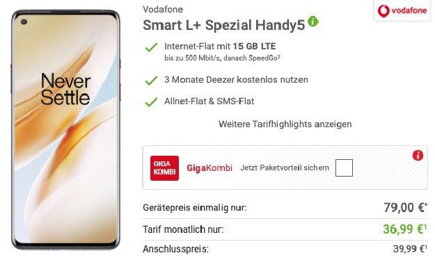 OnePlus 8 für 79€ + Vodafone Flat mit 15GB LTE für 36,99€ mtl. + 3 Monate Deezer gratis