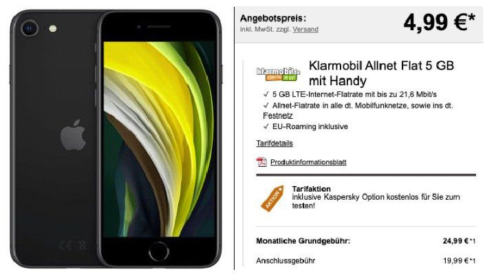 Apple iPhone SE (2020) 64GB für 4,99€ oder 128GB für 49€ + Vodafone Flat mit 5GB LTE für 24,99€ mtl.