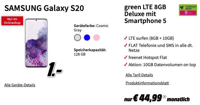 Samsung Galaxy S20 / S20+ Tarif Deals   z.B. mit Telekom Flat 18GB LTE für 44,99€ mtl.