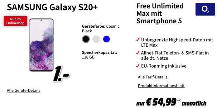 Samsung Galaxy S20 / S20+ Tarif Deals   z.B. mit Telekom Flat 18GB LTE für 44,99€ mtl.