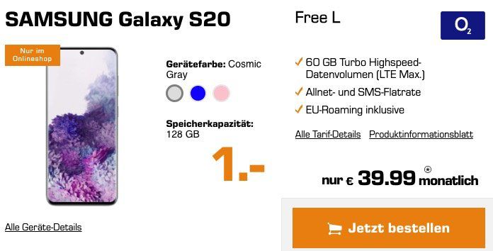 Samsung Galaxy S20 / S20+ Tarif Deals   z.B. mit Telekom Flat 18GB LTE für 44,99€ mtl.