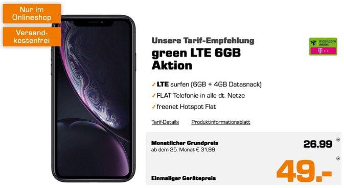 Apple iPhone XR für 49€ + Allnet Flatrate im Telekom Netz mit 10GB LTE für 26,99€ mtl