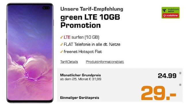 Ausverkauft! Samsung S10 Plus Weiss + Galaxy Buds für 29€ + Vodafone Flat mit 10GB LTE für 24,99€ mtl.