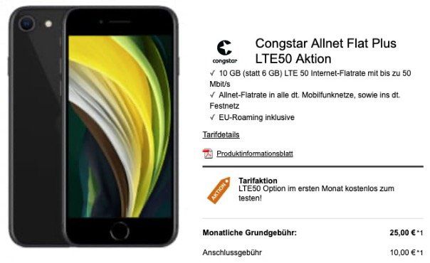 Apple iPhone SE 2020 mit 64GB für 49€ + Telekom Allnet Flat von Congstar mit 10GB LTE ab 25€ mtl.