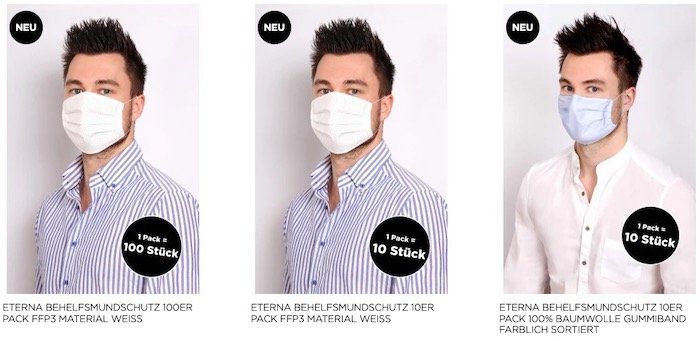 Eterna Behelfsmasken aus Eigenproduktion   z.B. Einweg FFP3 Material ab 2,20€ oder aus Baumwolle ab 3,50€ p.St.
