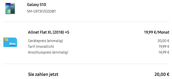 Samsung Galaxy S10 für 20€ + o2 Flat mit 5GB LTE für 19,99€ mtl. + gratis Galaxy Buds