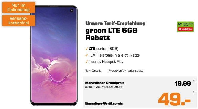 Samsung Galaxy S10 für 49€ (statt 589€) mit Vodafone Allnet Flat mit 6GB LTE50 für 19,99€ mtl.