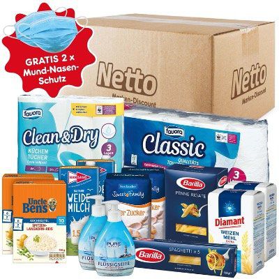 Netto Notfall Paket: Zucker, Mehl, Reis, Pasta, Milch, Klopapier und Flüssigseife für 24,95€ + 2x Mundschutz