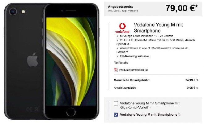Junge Leute: Apple iPhone SE (2020) 64GB für 79€ + Vodafone Flat mit 20GB LTE für 29,99€ mtl.
