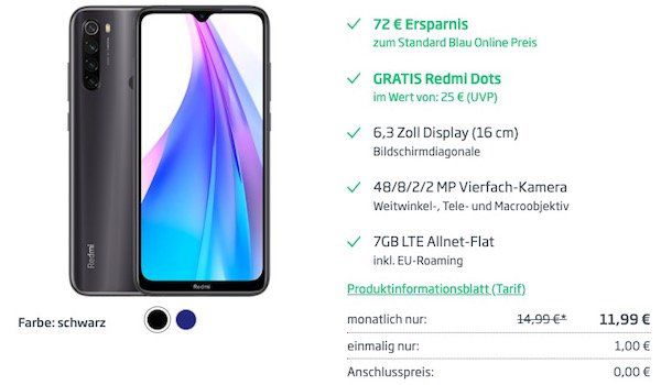 Xiaomi Redmi Note 8T + Earbuds für 1€ + o2 Flat mit 7GB LTE für 11,99€ mtl.