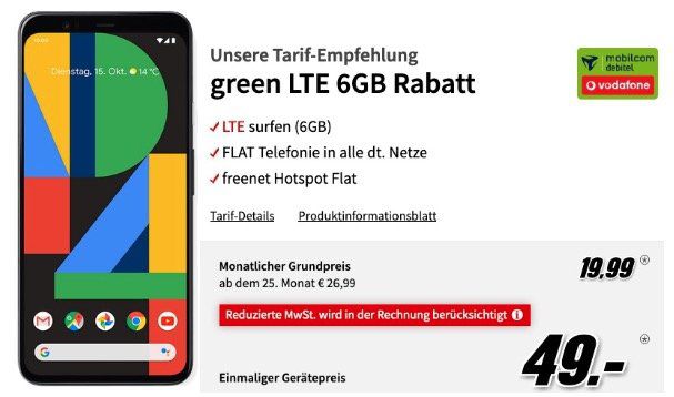 Google Pixel 4 für 49€ (Vergleich 475€) + Vodafone Flat mit 6GB LTE50 für 19,99€ mtl.