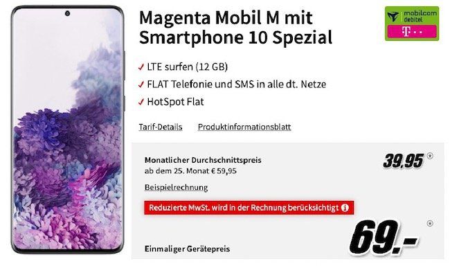 Samsung Galaxy S20 Plus für 69€ + Telekom Allnet Flat mit 12GB LTE inkl. StreamOn Music für 39,95€ mtl.