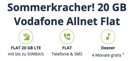 🔥 Vodafone Flat mit 20GB LTE inkl. VoLTE & WiFi Calling für 14,99€ mtl. + 4 Monate Deezer gratis