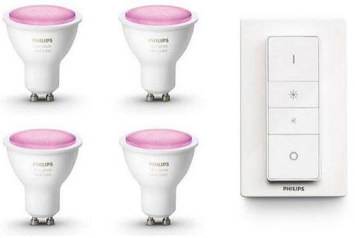 4x Philips Hue White & Color Ambiance GU10 Bluetooth LED + Dimmschalter für 134,90€ (statt 184€)