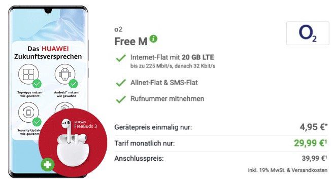 Huawei P30 Pro + Freebuds 3 für 4,95€ + o2 Allnet Flat mit 20GB LTE für 29,99€ mtl.