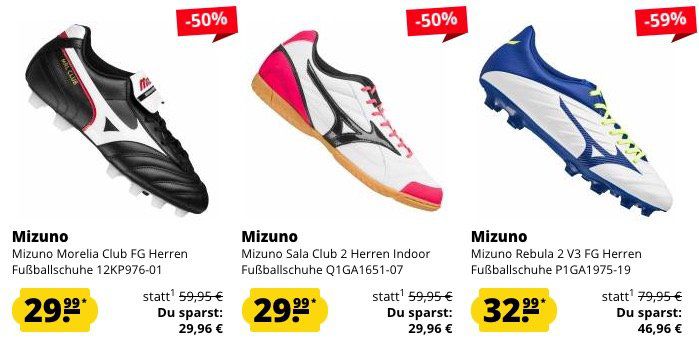 Mizuno Sport Sale bei SportSpar + 5€ Gutschein ab 60€   z.B. Mizuno Sala Club 2 Indoor Fußballschuhe ab 25,99€