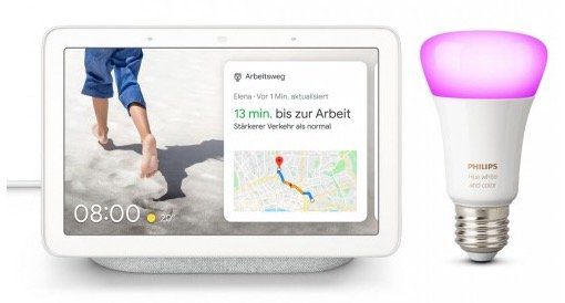 Google Nest Hub + Philips Hue White & Color Ambiance E27 Bluetooth Leuchte für 99€ (statt 121€)