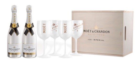 Ausverkauft! MOËT & CHANDON Ice Iperial Geschenkset mit 2x 0,75 Liter + 4 Gläser + Kiste für 139,50€ (statt 205€)