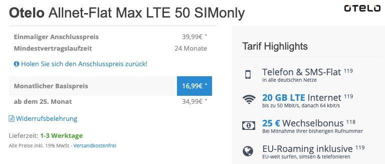 Vodafone Flat von otelo mit 20GB LTE für eff. 16,99€ mtl. dank 432€ Auszahlung