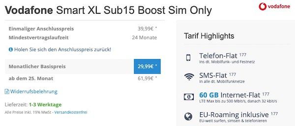 Vodafone Smart XL mit 60GB LTE (!) für eff. 29,99€ mtl. dank 648€ Auszahlung