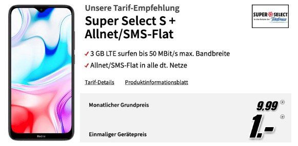Xiaomi Redmi 8 64GB für 1€ + o2 Allnet Flat mit 3GB LTE für 9,99€ mtl.