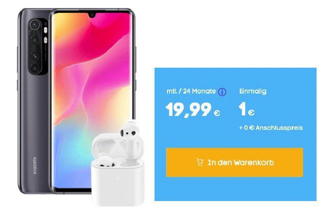 Xiaomi Mi Note 10 Lite (128GB) + AirDots 2 Pro für 1€ + o2 Flat von Blau mit 5GB LTE für 19,99€ mtl.