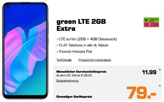 Knaller! Huawei P40 Lite E für 79€ + Telekom Allnet Flatrate mit 6GB LTE für 11,99€ mtl.