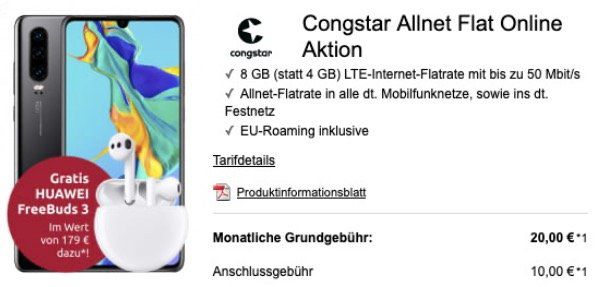 Huawei P30 128GB inkl. FreeBuds 3 für 9€ mit Congstar Telekom Netz Allnet Flat mit 8GB LTE für 23€ mtl.