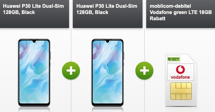 2x Huawei P30 Lite für 29€ + Vodafone Flat mit 18GB LTE für 24,99€ mtl.
