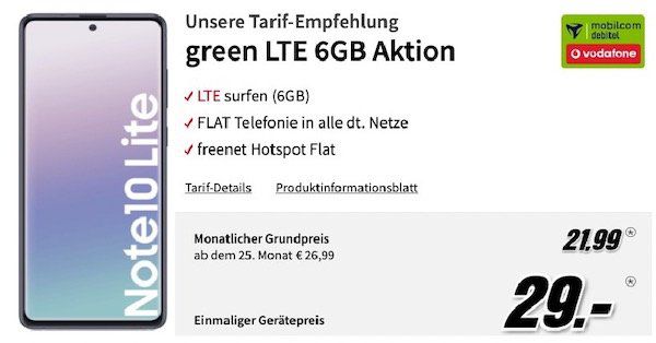 Samsung Galaxy Note 10 Lite für 29€ + Vodafone Flat mit 6GB LTE für 21,99€ mtl.