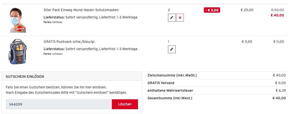 100er Pack Einweg Mund Nasen Schutzmasken für 40€ + gratis Nordcap Rucksack mit Kühlfach