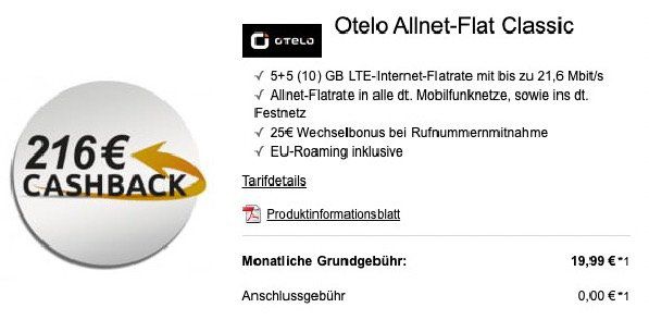 Vodafone Flat von otelo mit 10GB LTE für effektiv 10,99€ mtl. dank 216€ Cashback