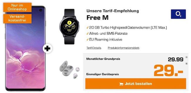 Ausverkauft! Samsung Galaxy S10 + Galaxy Watch Active + Galaxy Buds für 29€ + o2 Flat mit 20GB LTE für 29,99€ mtl.