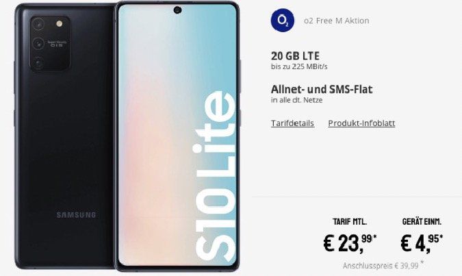 Samsung Galaxy S10 Lite für 4,95€ + o2 Flat mit 20GB LTE für 23,99€ mtl.