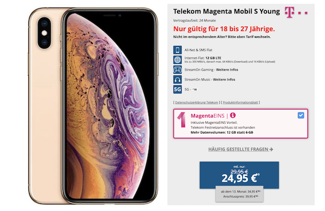 Vorbei! Young + Magenta: Apple iPhone XS 512GB in Gold nur 4,95€ + Telekom Flat mit 12GB LTE für 29,95€ mtl.