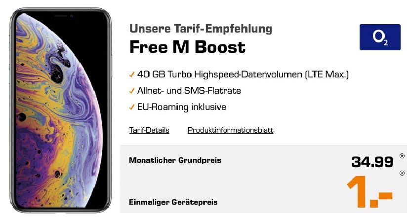 Apple iPhone XS 64GB für 1€ + o2 Allnet Flat mit 40GB LTE für 34,99€ mtl.