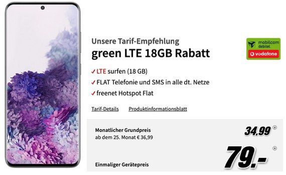 Samsung Galaxy S20 128GB für 79€ + Vodafone Allnet Flat mit 18GB LTE50 für 34,99€ mtl.