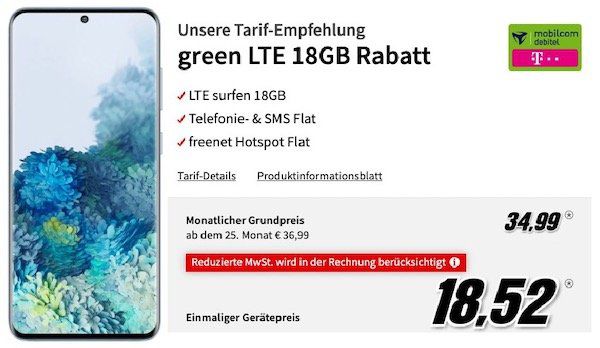 Samsung Galaxy S20 128GB für 18,52€ + Telekom Allnet Flat mit 18GB LTE für 34,99€ mtl.