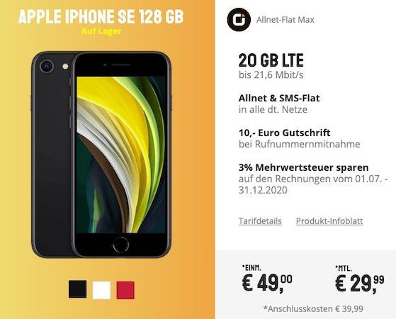 Apple iPhone SE (2020) 128GB für 49€ + Vodafone Flat mit 20GB LTE für 29,99€ mtl.