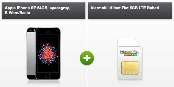 Apple iPhone SE 64GB (alte Version) B Ware für 15€ + Vodafone Flat von klarmobil mit 5GB LTE für 9,99€ mtl.