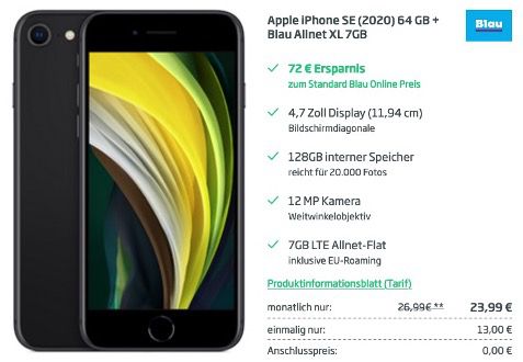 Apple iPhone SE (2020) 128GB für 13€ + Blau.de o2 Flat mit 7GB LTE für 23,99€ mtl.