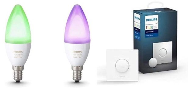 Ausverkauft! 2er Pack Philips Hue White and Color Ambiance E14 + Smart Button für 55,04€ (statt 108€)