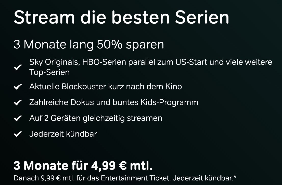 Sky Entertainment Ticket für 4,99€ (statt 10€) oder inkl. Cinema Ticket für 9,99€ (statt 15€)