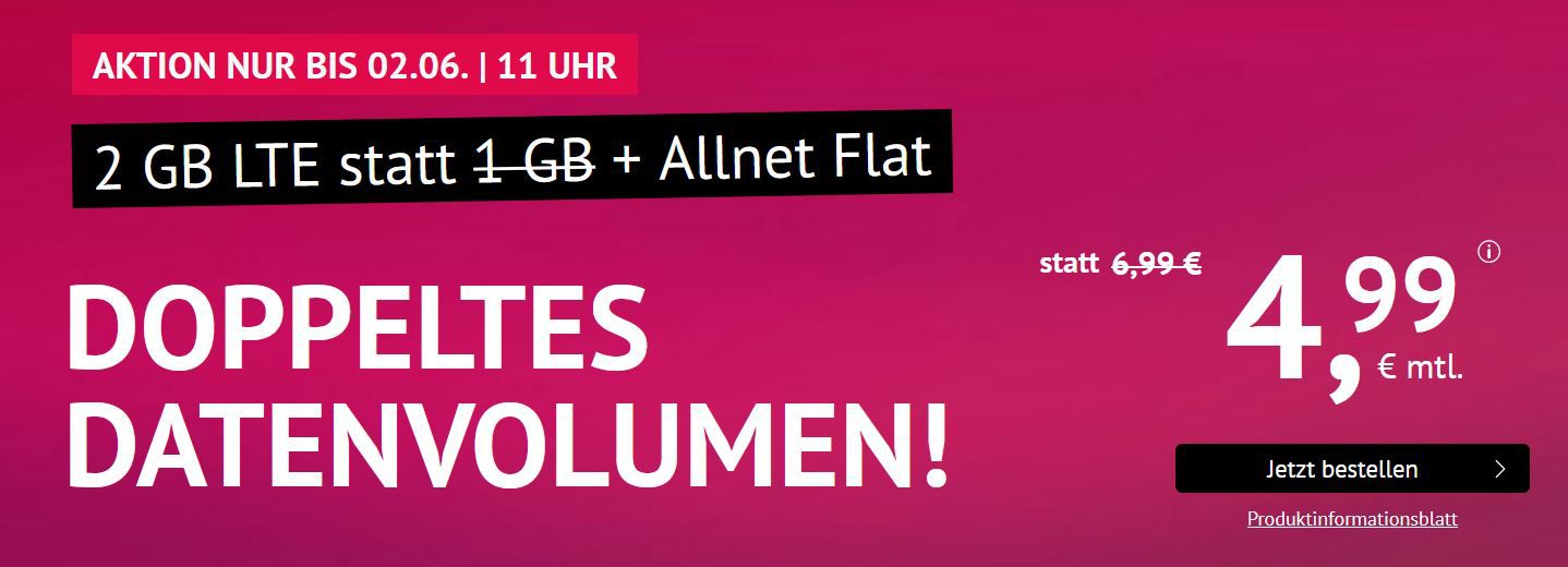 O2 AllNet & SMS Flat + 2GB LTE (max 50MBit/s) für 4,99€ mtl. auch mtl. Kündbar