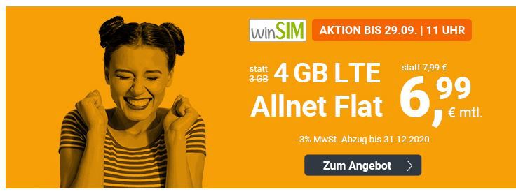 O2 AllNet & SMS Flat + 4GB LTE (max 50MBit/s) für 6,99€ mtl.